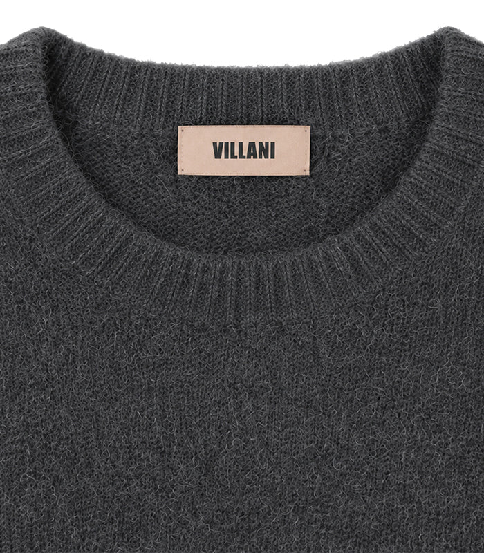 Charcoal grey short-sleeved crew neck sweater in fluffy knit