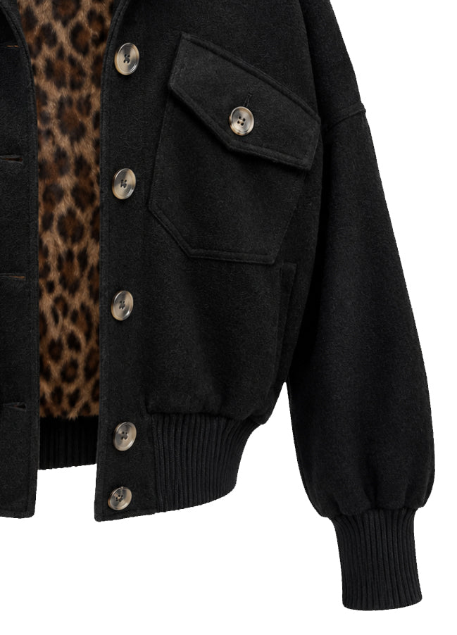 Black jacket with leopard faux fur lining