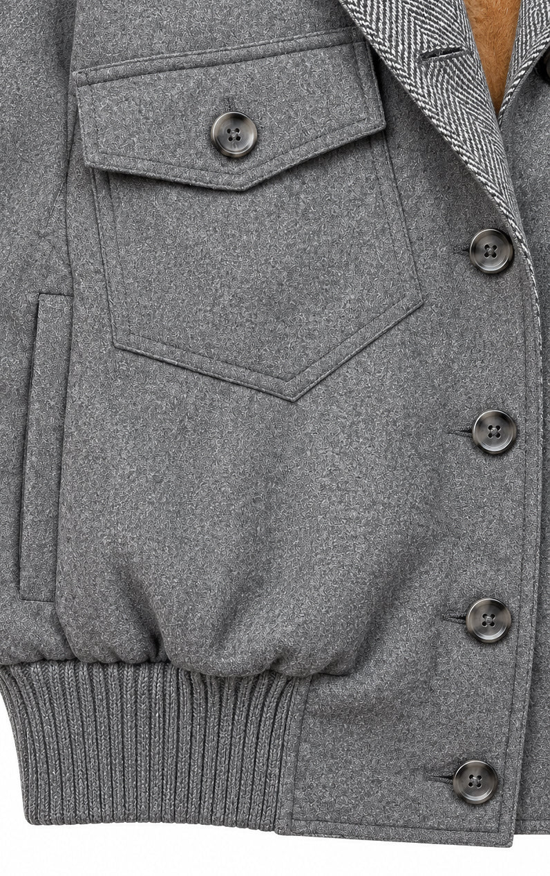 Grey flannel jacket lined with beige faux fur