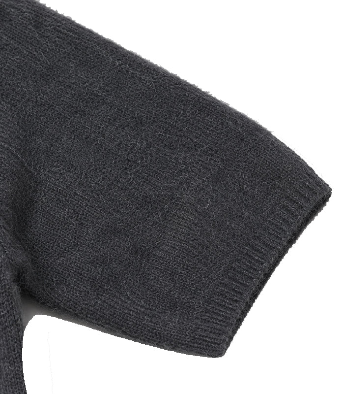 Charcoal grey short-sleeved crew neck sweater in fluffy knit
