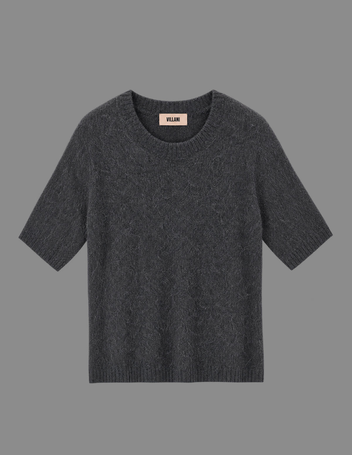Charcoal grey short-sleeved crew neck sweater in fluffy knit