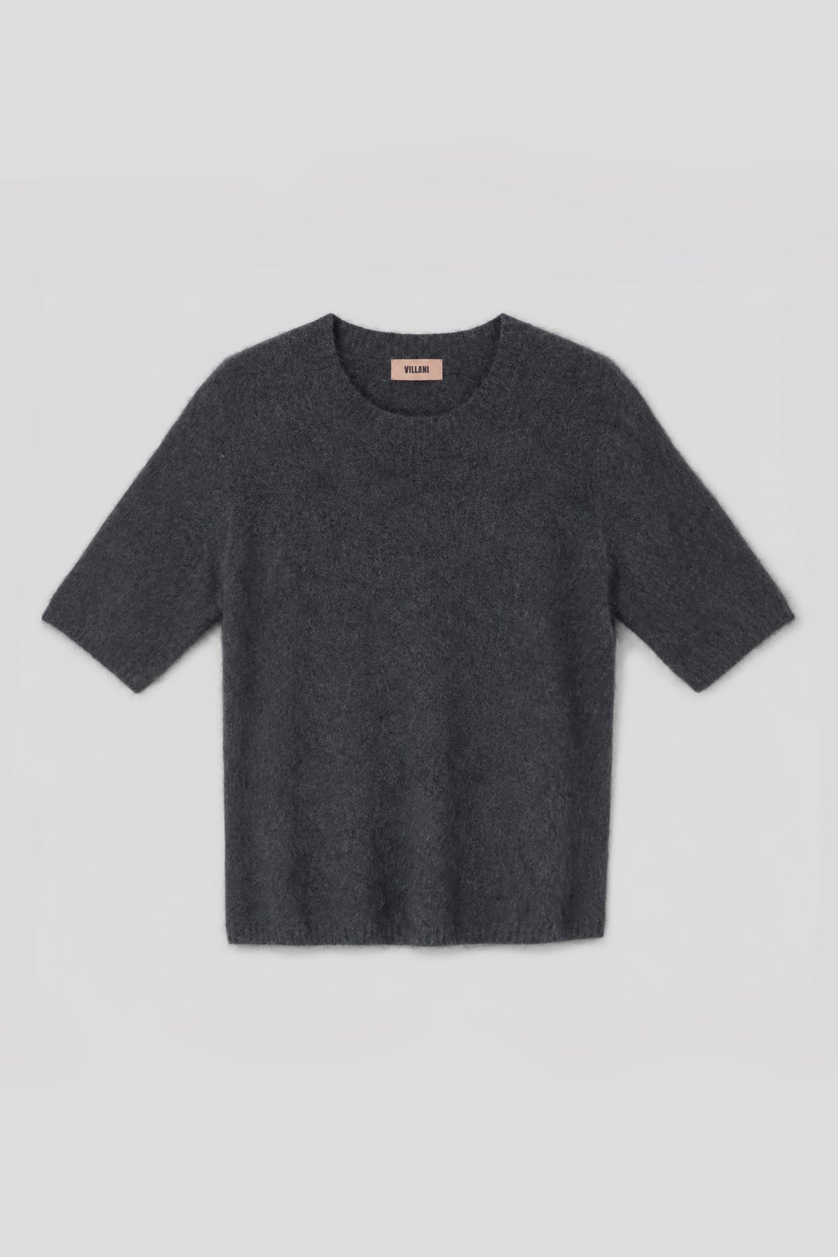 Charcoal grey short-sleeved crew neck sweater in fluffy knit