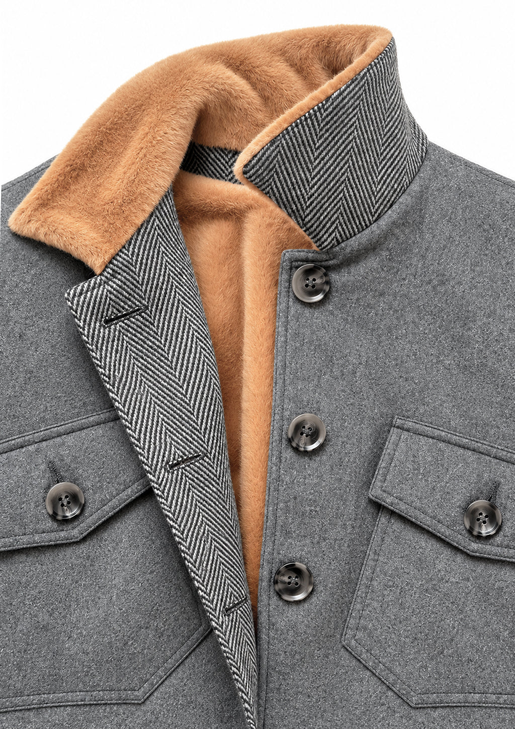 Grey flannel jacket lined with beige faux fur